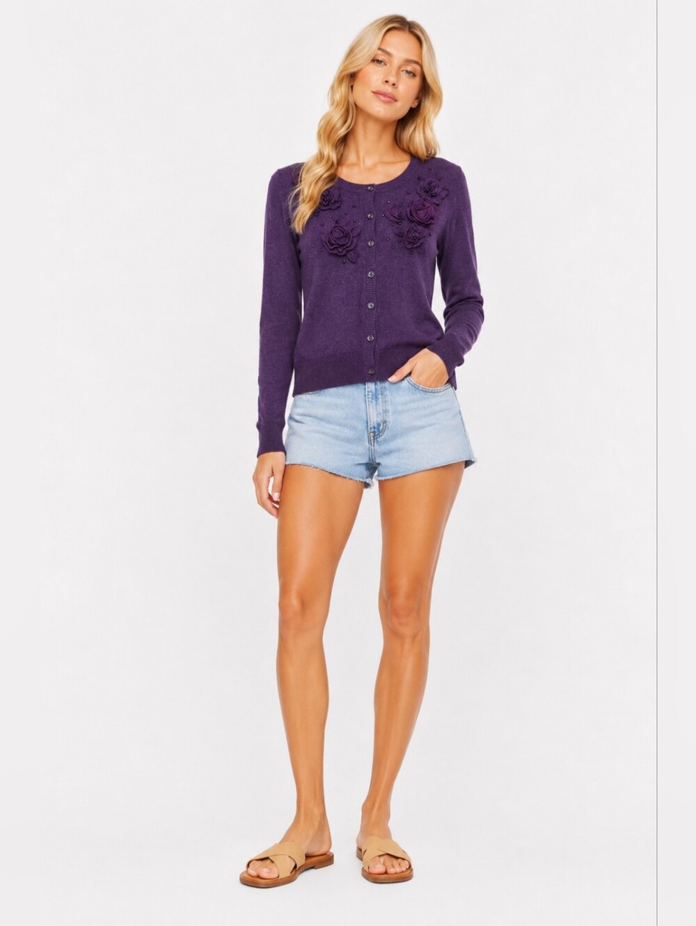 Banana Republic Size S Merino Blend Purple Floral-Appliqué Button Cardigan